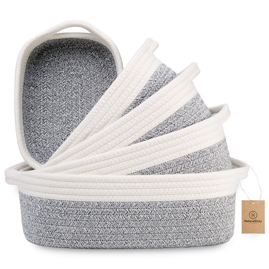 Picture of NaturalCozy 5-Piece Rectangle Storage Basket Set- Natural Cotton Rope Woven Baskets for Organizing! Small Basket for Montessori, Baby Nursery, Dog Toy Baskets, Cat Toy Box, Bathroom Organization Bin