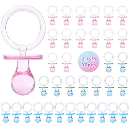 Picture of Pacifiers for Baby Shower Game, 36 Plastic Pacifiers for Baby Shower Decoration DIY, Large Size Baby Shower Pacifiers, Gender Reveal Party Table Scatter/Hunt Baby Shower Game Props(Blue&Pink, 2.75 in)