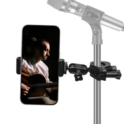 Picture of Mic Stand Phone Holder Mount Adjustable Phone Holder for Mic Microphone Music Stand [Dual Ballhead 360°Swivel] iPhone Mic Stand Holder for iPhone 15 14 13 12 Pro Max Samsung Galaxy, Any Smartphones