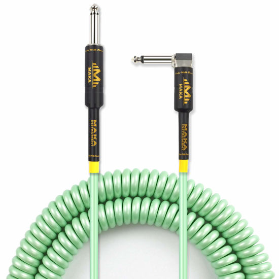 Picture of M MAKA Premium Guitar Coil Cable 40 Feet, Instrument Coiled Curly Cord for Guitar Bass, 1/4 inch Right Angle to Straight, Surf Green