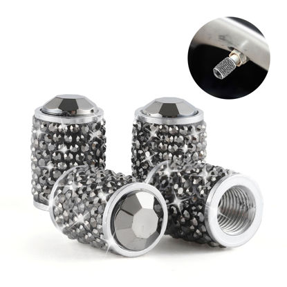 Picture of Alpmosn Car Wheel Tire Valve Caps, 4 PCS Bling Tire Valve Caps, Crystal Tire Caps Shinny Rhinestone for Women, Universal Car Dustproof Tire Valve Caps for Cars, Trucks, SUV and Motorcycles (Gray)