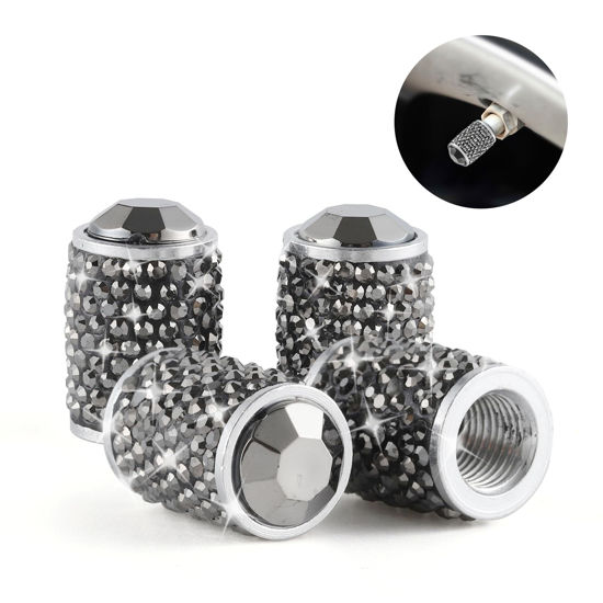 Picture of Alpmosn Car Wheel Tire Valve Caps, 4 PCS Bling Tire Valve Caps, Crystal Tire Caps Shinny Rhinestone for Women, Universal Car Dustproof Tire Valve Caps for Cars, Trucks, SUV and Motorcycles (Gray)