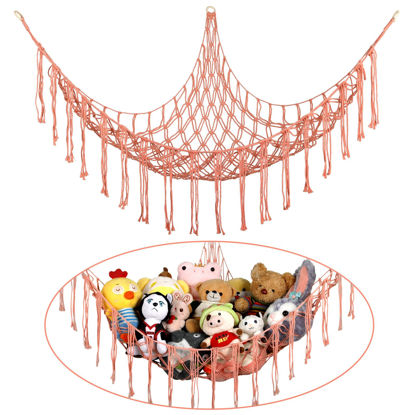 Picture of Boho Stuffed Animals Net or Hammock Large,55 inch Toy Hammock Macrame Stuff Animal Storage Corner Hanging Net Holder,Mesh Hammock Plush Toy Organizer with Hooks for Bedroom,Nursery (Deep Pink)