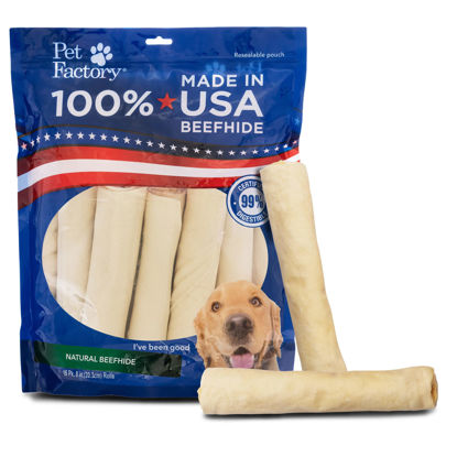 Picture of Pet Factory 100% Made in USA Beefhide 8" Rolls Dog Chew Treats - Natural Flavor, 15 Count/1 Pack