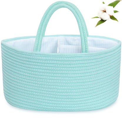 Picture of ABenkle Baby Diaper Caddy, Nursery Storage Bin and Car Organizer for Diapers and Baby Wipes, Cotton Rope Diaper Basket Caddy, Changing Table Diaper Storage Caddy Baby Gift Baskets, Green