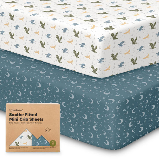 Picture of 2-Pack Mini Crib Sheets Fitted, Pack and Play Sheets - Organic Cotton Pack N Play Sheets for Pack and Play Mattress, Playard Baby Crib Sheets, Jersey Crib Sheets Neutral for Boys, Girls (Dragon Tale)