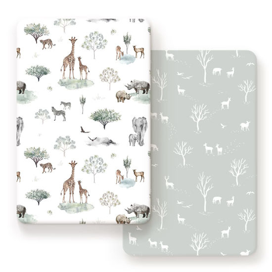 Picture of GRSSDER Ultra Soft Pack and Play Sheets, Stretchy Jersey Knit Pack n Play Sheets Fitted 2 Pack, Universal Fitted Portable/Mini Crib Mattresses Safe and Snug, Pretty African Savannah Animals