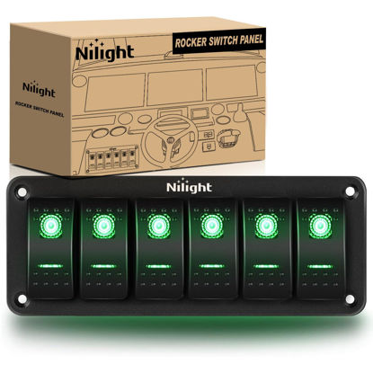 Picture of Nilight 6 Gang Rocker Switch Panel 5Pin On Off Toggle Switch Aluminum Holder 12V 24V Dash Pre-Wired Green Backlit Switches for Automotive Cars Marine Boats RVs Truck