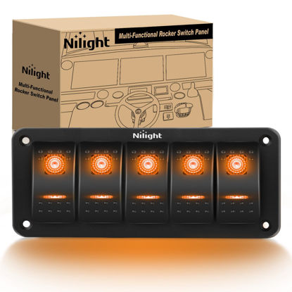 Picture of Nilight 5 Gang Rocker Switch Panel with Orange LED Light 5 Pin On Off Pre-Wired Rocker Switch Aluminum Panel Toggle Switch Panel Waterproof for 12V/24V Cars Marine Boats ATVs Trailers RV Trucks