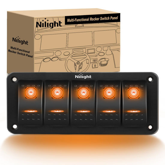 Picture of Nilight 5 Gang Rocker Switch Panel with Orange LED Light 5 Pin On Off Pre-Wired Rocker Switch Aluminum Panel Toggle Switch Panel Waterproof for 12V/24V Cars Marine Boats ATVs Trailers RV Trucks