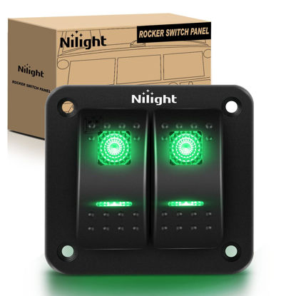 Picture of Nilight 2 Gang Rocker Switch Panel 12V 24V DC Green Switches Aluminum Panel 5Pin ON Off PreWired Toggle Switch Panel Waterproof for Cars Boats ATVs UTVs,2 Years Warranty