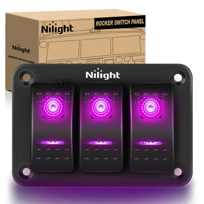 Picture of Nilight 3 Gang Aluminum Rocker Switch Panel 5 Pin ON Off Pre-Wired Pinkish Purple Toggle Switch SPST 12V 24V Night Glow Stickers for Cars Marines Boats Campers RVs