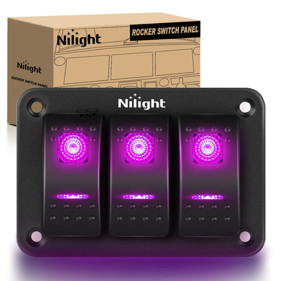 Picture of Nilight 3 Gang Aluminum Rocker Switch Panel 5 Pin ON Off Pre-Wired Pinkish Purple Toggle Switch SPST 12V 24V Night Glow Stickers for Cars Marines Boats Campers RVs