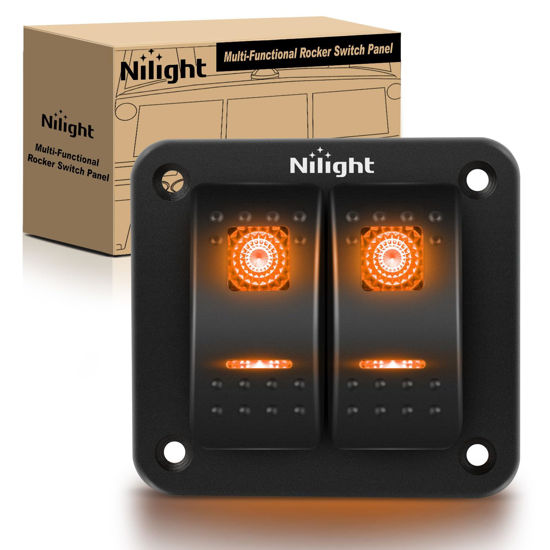 Picture of Nilight 2 Gang Rocker Switch Panel with Orange LED Light 5 Pin On Off Pre-Wired Rocker Switch Aluminum Panel Toggle Switch Panel Waterproof for 12V/24V Cars Marine Boats ATVs Trailers RV Trucks