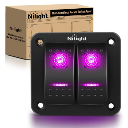 Picture of Nilight 2 Gang Rocker Switch Panel with Purple LED Light 5 Pin On Off Pre-Wired Rocker Switch Aluminum Panel Toggle Switch Panel Waterproof for 12V/24V Cars Marine Boats ATVs Trailers RV Trucks