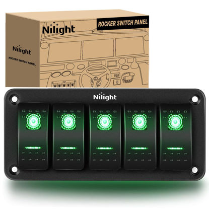 Picture of Nilight 5 Gang Rocker Switch Panel 5Pin On Off Toggle Switch Aluminum Holder 12V 24V Dash Pre-Wired Green Backlit Switches for Automotive Cars Marine Boats RVs Truck