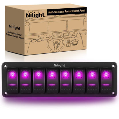 Picture of Nilight 8 Gang Rocker Switch Panel with Purple LED Light 5 Pin On Off Pre-Wired Rocker Switch Aluminum Panel Toggle Switch Panel Waterproof for 12V/24V Cars Marine Boats ATVs Trailers RV Trucks