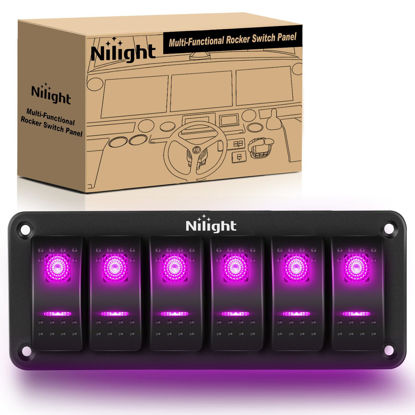 Picture of Nilight 6 Gang Rocker Switch Panel with Purple LED Light 5 Pin On Off Pre-Wired Rocker Switch Aluminum Panel Toggle Switch Panel Waterproof for 12V/24V Cars Marine Boats ATVs Trailers RV Trucks