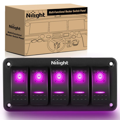 Picture of Nilight 5 Gang Rocker Switch Panel with Purple LED Light 5 Pin On Off Pre-Wired Rocker Switch Aluminum Panel Toggle Switch Panel Waterproof for 12V/24V Cars Marine Boats ATVs Trailers RV Trucks