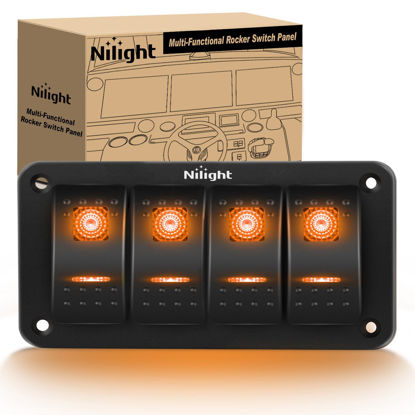 Picture of Nilight 4 Gang Rocker Switch Panel with Orange LED Light 5 Pin On Off Pre-Wired Rocker Switch Aluminum Panel Toggle Switch Panel Waterproof for 12V/24V Cars Marine Boats ATVs Trailers RV Trucks