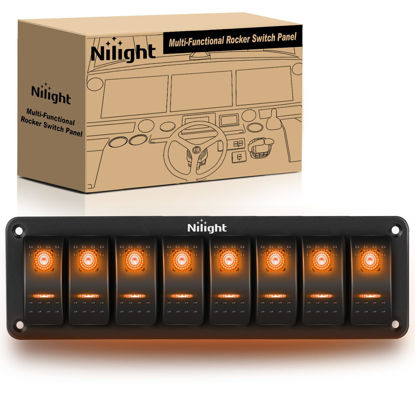 Picture of Nilight 8 Gang Rocker Switch Panel with Orange LED Light 5 Pin On Off Pre-Wired Rocker Switch Aluminum Panel Toggle Switch Panel Waterproof for 12V/24V Cars Marine Boats ATVs Trailers RV Trucks