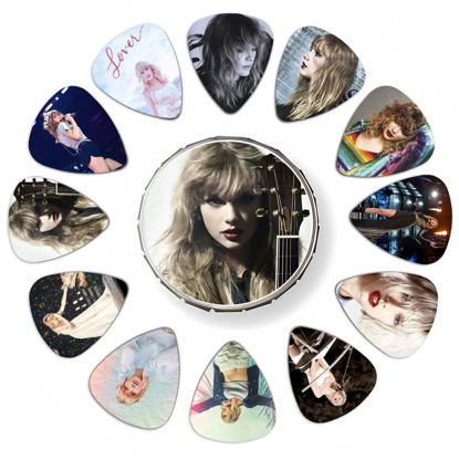 Picture of 12 Packs Guitar Picks with Tin Box Tay-lor Fans Love 0.71mm Portrait Celluloid Guitar Pick for Acoustic Guitar, Violin, Ukulele, Bass…