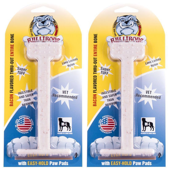 Picture of Bullibone Nylon Dog Chew Toy Nylon Bone - Improves Dental Hygiene, Easy to Grip Bottom, and Permeated with Flavor (Bacon, Large - 2 Pack)