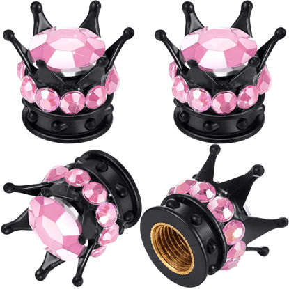 Picture of 4 Pieces Crown Tire Valve Stem Caps Bling Handmade Crystal Rhinestone Universal Chrome Crown Vehicle Car Tire Caps Covers, Attractive Accessories for Car (Pink and Black)