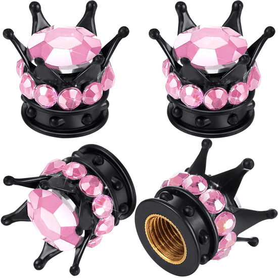 Picture of 4 Pieces Crown Tire Valve Stem Caps Bling Handmade Crystal Rhinestone Universal Chrome Crown Vehicle Car Tire Caps Covers, Attractive Accessories for Car (Pink and Black)