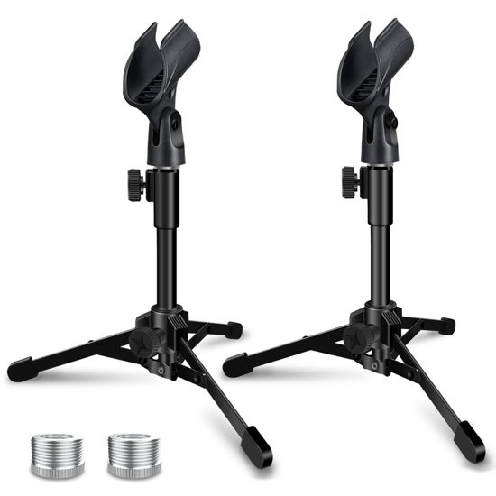 Picture of Mictop 2 Pack Desktop Mic Stand, Portable Foldable Tripod with Mic Clip Holder, Adjustable Microphone Stand For Dynamic Microphone.