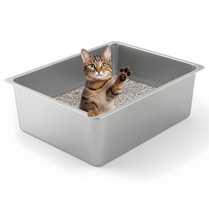Picture of Kirecoo Stainless Steel Cat Litter Box - Metal High Sided Cat Pan, Large Stainless Steel Box, Indoor Litter Tray, Non Stick, No Smell, Easy to Clean, Pet Toilet Supplies for Kitten, Kitty, Rabbit