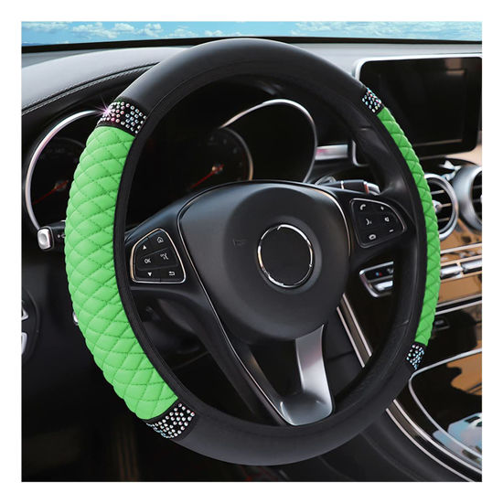 Picture of LoyaForba Bling Soft Leather Steering Wheel Cover, 15 Inch Colorful Rhinestones Auto Elastic Steering Wheel Protector, Sparkly Crystal Diamond for Women Girls, Car Accessories for Most Cars (Green)