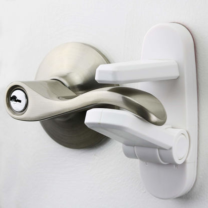 Picture of Door Lever Locks (4 Pack) - Prevents Toddlers from Opening Doors - Durable ABS with 3M Adhesive - Easy One-Hand Operation for Adults, No Tools Needed