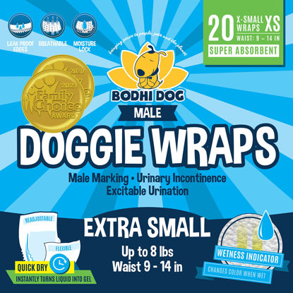 Picture of Bodhi Dog Disposable Male Dog Diapers | Super Absorbent Leak-Proof Fit | Premium Adjustable Male Dog Pee Wraps with Moisture Control & Wetness Indicator | 20 Count Extra Small Size