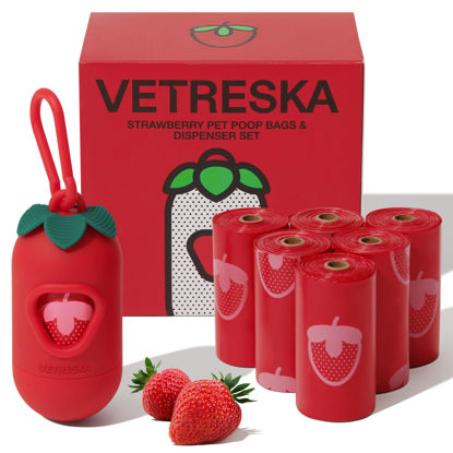 Picture of VETRESKA Dog Poop Bag Dispenser with Strawberry Scented Bags, Leak Proof, Extra Thick and Large Pet Waste Bags,1 Count Bag Holder and 105 Bags (7 Refill Rolls) for Walking Dog and Cats Litter, Red