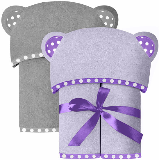 Picture of Set of 2 Bamboo Viscose Hooded Baby Towels - Purple and Grey - Luxurious, Large and Super Absorbent - 30 x 30 Inch - Soft and Suitable for Infants, Toddlers and Kids - 400 GSM