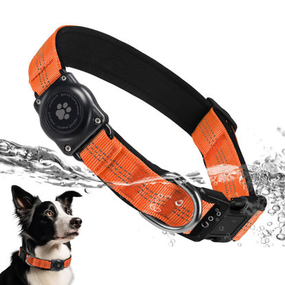 Picture of Upgraded AirTag Dog Collar, IP68 Waterproof Air Tag Dog Collar Holder, Reflective, Ultra-Durable, Comfortable Padded, Heavy Duty Dog Collars for Small Medium Large Dogs (S (10.6"-13.6"), Orange)