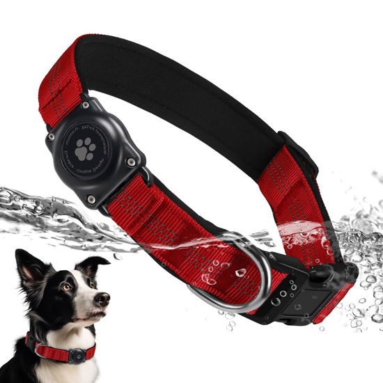 Picture of Upgraded AirTag Dog Collar, IP68 Waterproof Air Tag Dog Collar Holder, Reflective, Ultra-Durable, Comfortable Padded, Heavy Duty Dog Collars for Small Medium Large Dogs (S (10.6"-13.6"), Red)