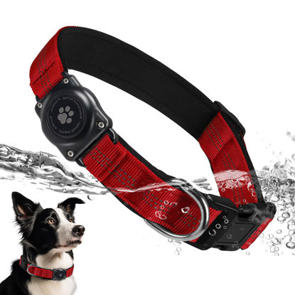 Picture of Upgraded AirTag Dog Collar, IP68 Waterproof Air Tag Dog Collar Holder, Reflective, Ultra-Durable, Comfortable Padded, Heavy Duty Dog Collars for Small Medium Large Dogs (M (12.6"-17.1"), Red)