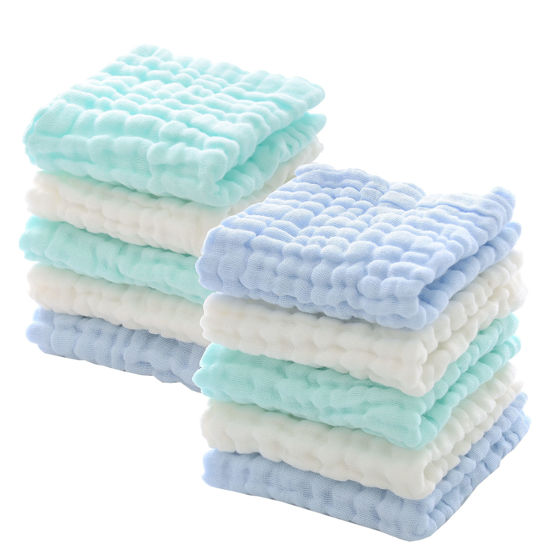 Picture of MUKIN Baby Washcloths - Natural Cotton Baby Wipes - Soft Newborn Baby Face Towel for Sensitive Skin- Baby Registry as Shower, 10 Pack 12x12 inches (Green,Blue,White)