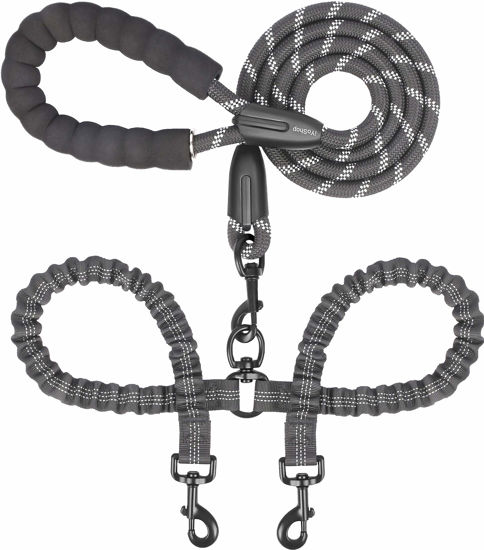 Picture of iYoShop Dual Dog Leash, Double Dog Leash, 360 Swivel No Tangle Walking Leash, Shock Absorbing Bungee for Two Dogs, Black, Large (25-150 lbs)