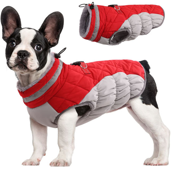Picture of FUAMEY Dog Winter Coat - Warm Fleece Vest with Built-in Harness, Waterproof Windproof Reflective Snow Jacket for Dogs with Zipper, Red X-Small