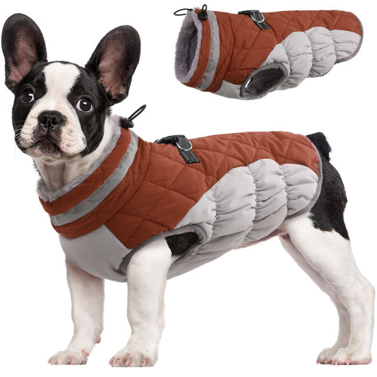 Picture of FUAMEY Dog Coat,Warm Dog Jacket Winter Coat Paded Dog Fleece Vest Reflective Dog Cold Weather Coats with Built in Harness Waterproof Windproof Dog Snow Jacket Clothes with Zipper Brown Small
