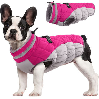 Picture of FUAMEY Dog Coat,Warm Dog Jacket Winter Coat Paded Dog Fleece Vest Reflective Dog Cold Weather Coats with Built in Harness Waterproof Windproof Dog Snow Jacket Clothes with Zipper Rose Red Small