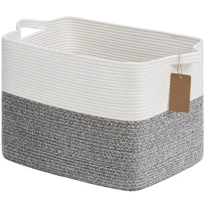 Picture of Goodpick Woven Storage Basket, Cotton Rope Basket with Handles, Toy Baskets Storage Kids, Blanket Basket for Living Room, Bedroom, Gray and White, 18 x 14 x 12 Inches