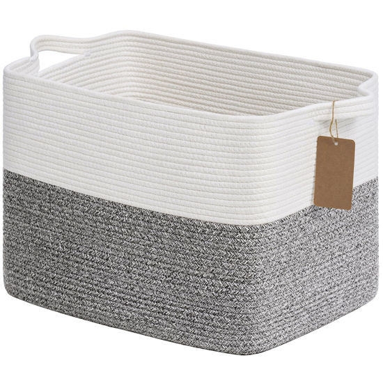 Picture of Goodpick Woven Storage Basket, Cotton Rope Basket with Handles, Toy Baskets Storage Kids, Blanket Basket for Living Room, Bedroom, Gray and White, 18 x 14 x 12 Inches