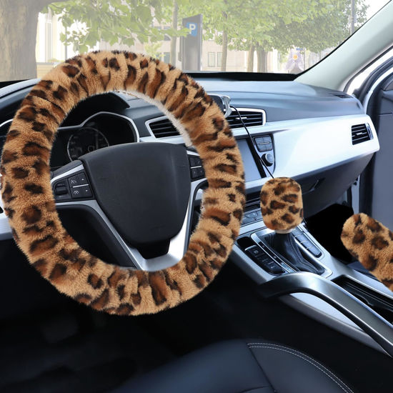 Picture of Accmor Fuzzy Car Steering Wheel Cover, Universal Fit Fur Auto Wheel Cover & Handbrake Cover & Gear Shift Cover Set, Anti-Slip Leopard Warm Fluffy Vehicle Wheel Protector Car Accessories for Men Women