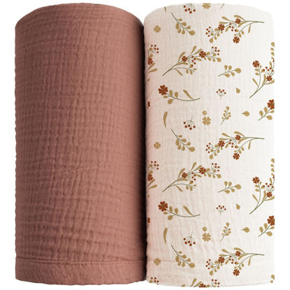 Picture of Konssy 2 Pack Muslin Swaddle Blankets for Baby Boys Girls, Receiving Blanket Large 47 x 47 inches, Soft Breathable Muslin Baby Blanket for Unisex Newborn(Chestnut, Posy)