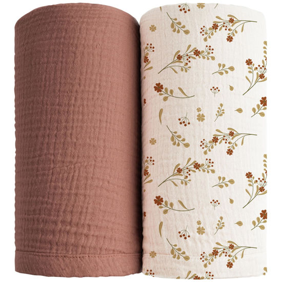 Picture of Konssy 2 Pack Muslin Swaddle Blankets for Baby Boys Girls, Receiving Blanket Large 47 x 47 inches, Soft Breathable Muslin Baby Blanket for Unisex Newborn(Chestnut, Posy)
