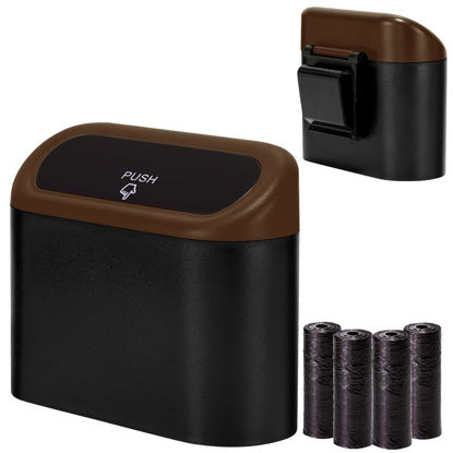 Picture of Ginsco Mini Car Trash Can with Lid, Small Car Garbage Can, Cute Leakproof ABS Car Trash Bin, Car Accessories for Interior, Garbage Bin for Car, Home, Office with 60pcs Trash Bags Black/Brown